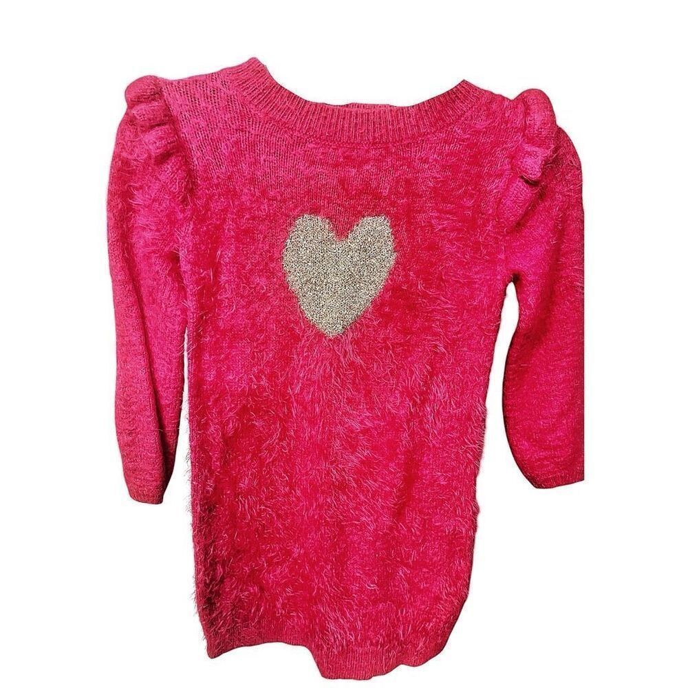 Girl’s Cat & Jack Pink Fuzzy Gold Glitter Sparkle Heart Sweater Dress Size XS 4/